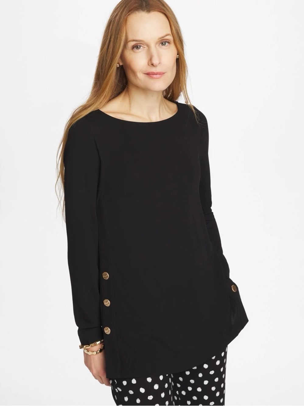 Chicos‎ Black Pima V-Neck Matte Jersey Button Tunic Top 3/4 Sleeve Basic NWT M